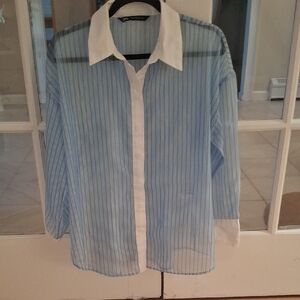 Zara Blue and White Striped Sheer Button Up Blouse